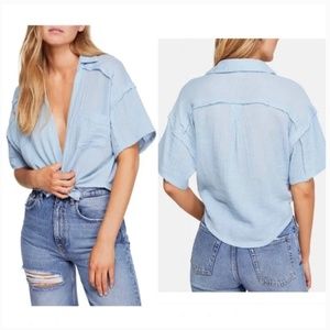 NWT Free People Full of Light Top XS Misty Blue Front Tie Cropped Button Down